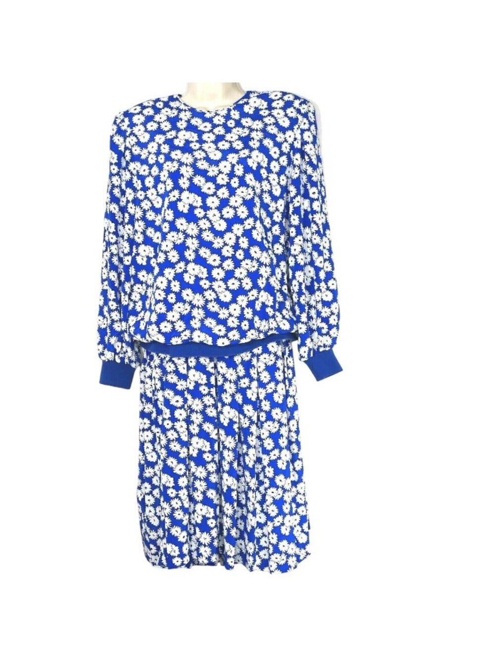 Vintage 80s Henry Lee Pleated Blouson Dress Size 14 Blue White Floral Long Slv